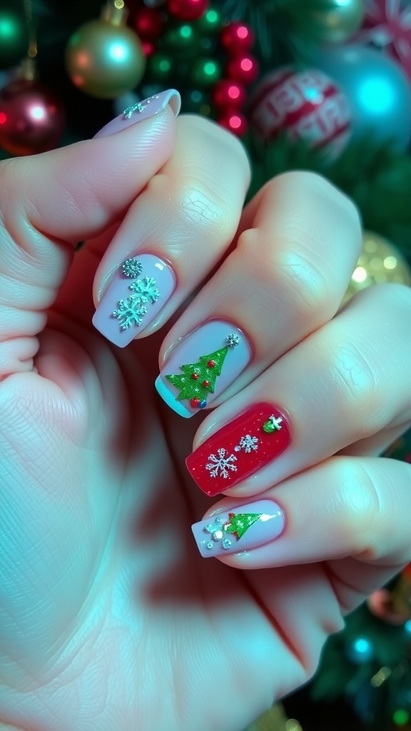 Winter Christmas nail art featuring snowflake and tree charms on a festive background.